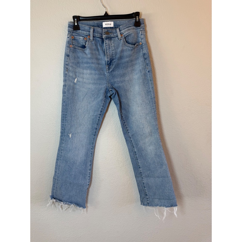Pistola High Rise Straight Leg Distressed Jeans Light Wash Raw Hem Size 27